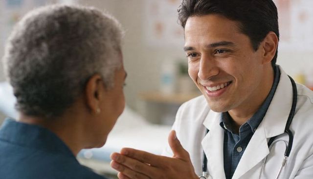 Smiling physician offering reassuring consultation and empathetic care for senior patient
