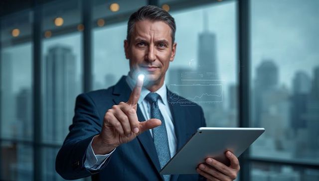 Executive Interacting with Virtual Holographic Interface in Modern Office