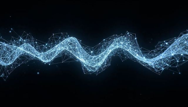 Flowing luminous neural network wave with glowing nodes and digital mesh