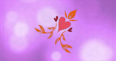 Floating heart motif with orange leaf vines on pink-purple gradient and soft bokeh glow