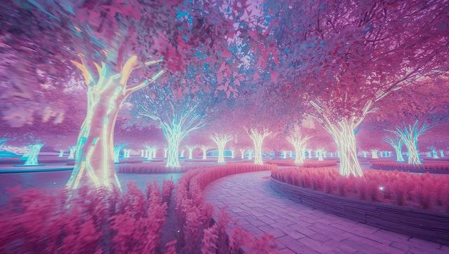 Neon Fantasy Garden with Vividly Lit Trees and Pink Hedges