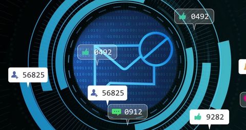 Futuristic Email Analytics HUD Displaying Notifications, Engagement Metrics and Security