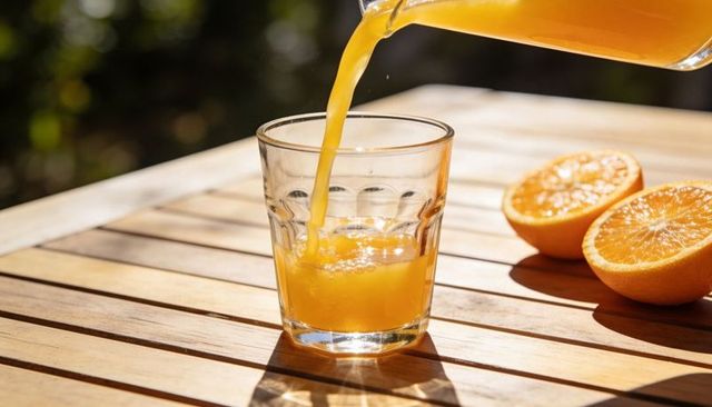 Sunlit pouring orange juice into faceted glass on wooden table with fresh halved oranges