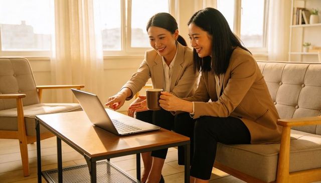 Asian businesswomen collaborating over laptop in cozy lounge in beige blazers with mug