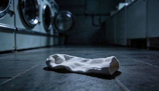 Lonely white sock on laundromat floor suggesting lost item and urban solitude at night
