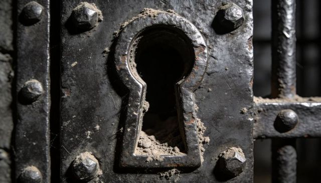 Antique iron keyhole plate rusting with dust and cobwebs, closeup metal texture gritty patina detail