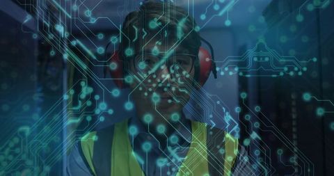 Engineer in Data Center with Futuristic Circuit Overlay