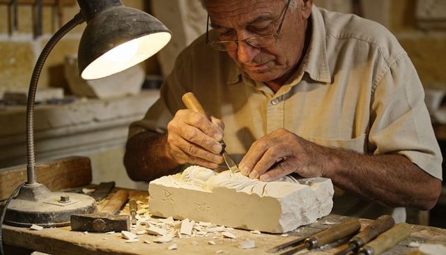 Senior craftsman carving limestone relief under task lamp in traditional workshop