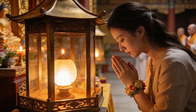 Praying woman kneeling at buddhist temple lantern, wrist corsage, warm candlelight devotion