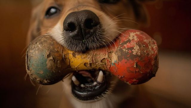 Macro closeup of dog holding worn rubber dumbbell toy, wet nose and teeth showing, playful