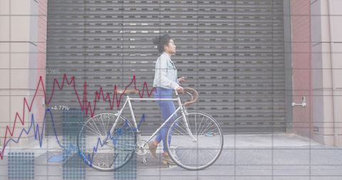 Young Businesswoman with Bicycle and Financial Interface Overlays
