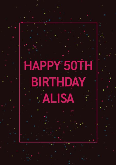 Ideal for creating customized birthday invitations for 50th birthday celebrations. Bold text with vibrant confetti adds a festive touch against a sleek black background. Perfect for cards, e-invites and social media announcements.