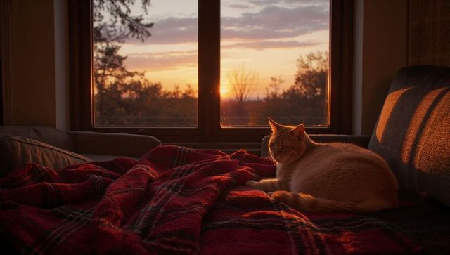 Ginger cat relaxing on cozy sofa by sunset window