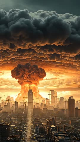 Vertical video: Mushroom cloud erupting over city skyline with glowing horizon and storm clouds