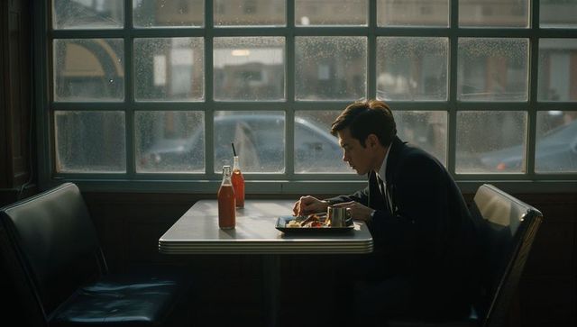 Executive sitting alone at retro diner booth eating breakfast, contemplating urban solitude