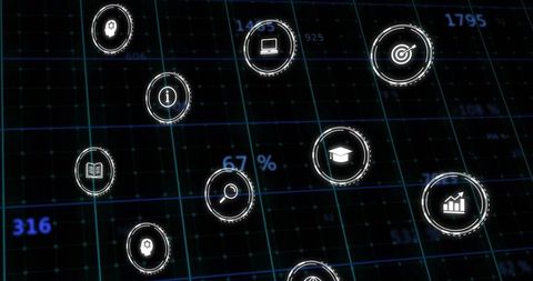Holographic data interface hovering over digital grid displaying business education icons