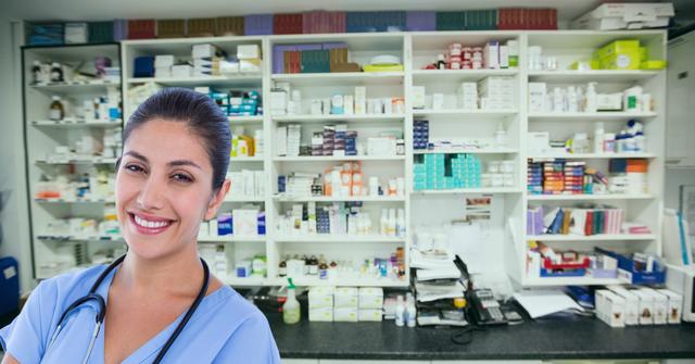 Digital composite of Portrait of smiling female doctor at pharmacy