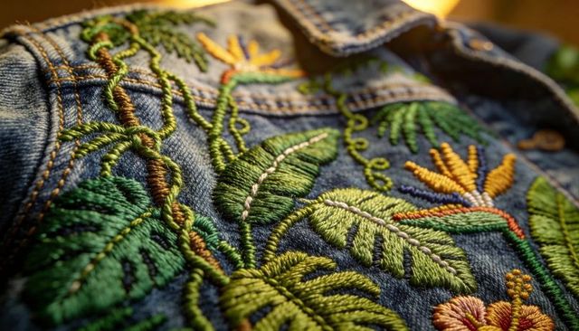 Vintage embroidered denim jacket featuring tropical leaves and bird of paradise stitching