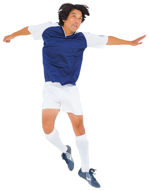 Transparent Asian Male Footballer Jumping in Blue and White Uniform - Download Free Stock Videos Pikwizard.com