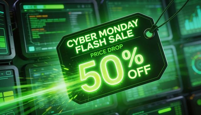 Cyber monday flash sale tag showing 50% off neon green tech dashboards and displays