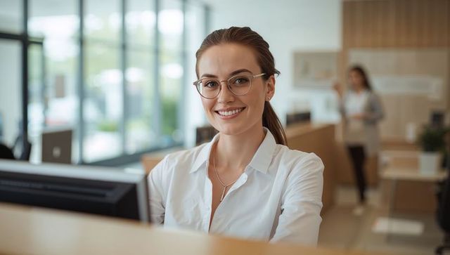 Smiling receptionist greeting guest at modern office reception desk wearing glasses