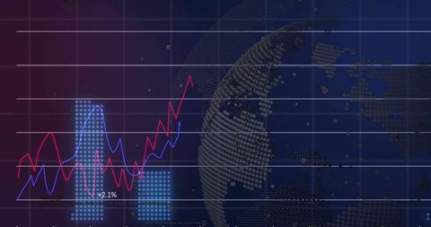 Global Market Dashboard Showing Rising Red and Blue Line Charts with Digital Globe