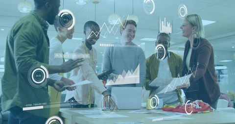 Dynamic team collaboration with innovative technology in modern office