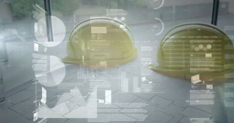 Digital Blueprint with Hard Hats and Financial Statistics Overlay