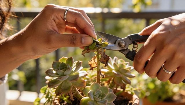 Sunlit hands pruning succulent with shears on balcony planter for urban gardening care