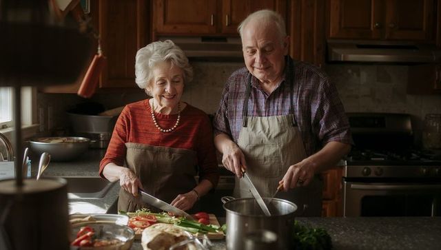 Senior Couple Cooking Together in Cozy Rustic Kitchen Chopping Vegetables and Stirring Pot