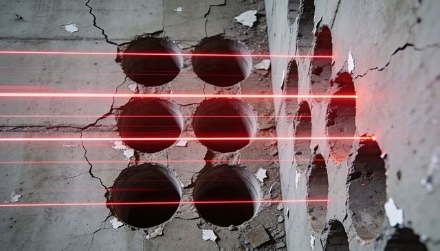 Cored concrete slab with red laser grid revealing cracked plaster and weathered debris