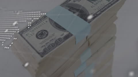 Stacks of US Dollar Banknotes Overlaid with Digital Data Symbols