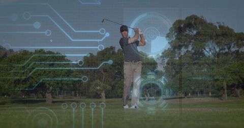 Golfer Perfecting Swing with Digital Tech Overlay Outdoors