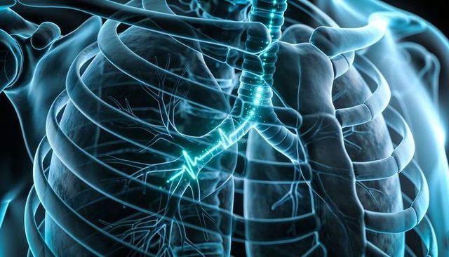 Glowing trachea and bronchi in transparent ribcage medical illustration highlighting airway