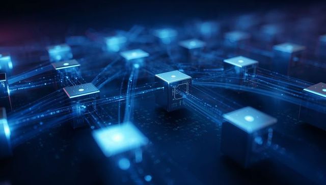 Glowing Cube Network Pulsing Data Streams Across Neon Circuit Grid for AI and Blockchain