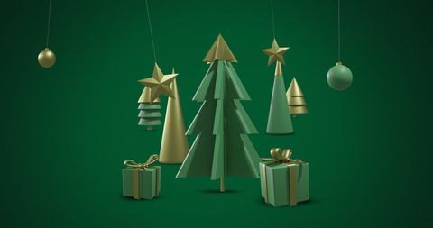 Modern Geometric Christmas Trees and Decorations on Green Background - Download Free Stock Images Pikwizard.com