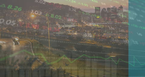 Animated Financial Data Overlay on Cityscape at Dusk