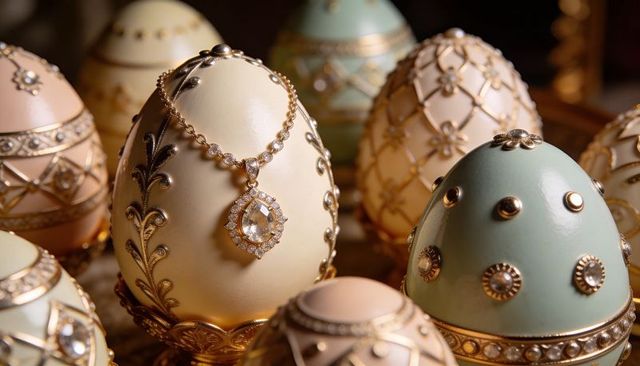 Ornate fabergé-style enamel eggs featuring gold filigree and crystal teardrop necklace