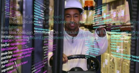 Warehouse Worker Operating Forklift with Technology Code Overlay