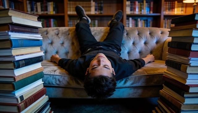 Teen relaxing upside down on velvet tufted sofa surrounded by library book stacks