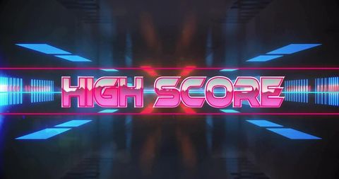 Neon high score retro arcade tunnel with glowing pink typography, equalizer lights