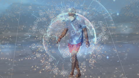 African Man Walking at Beach with Digital Globe Overlay