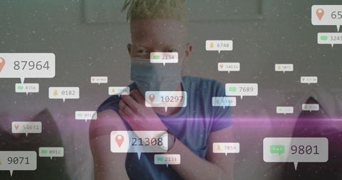 Masked man receiving vaccine at home while augmented reality overlays tracking health data