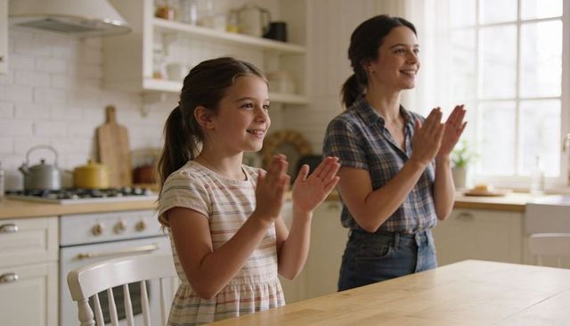 Mother and daughter clapping together in sunlit kitchen celebrating family moment