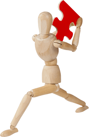wooden mannequin holding red puzzle piece on transparent background - Download Free Stock Videos Pikwizard.com