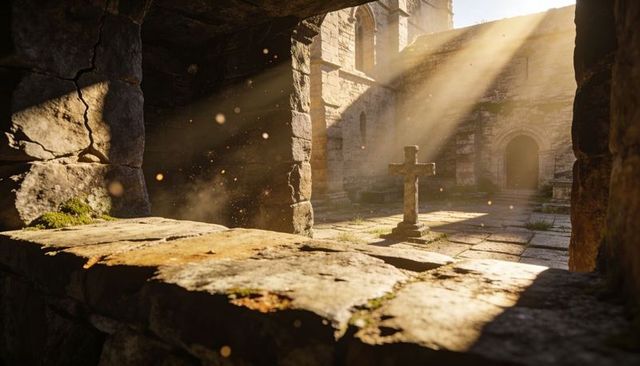 Sunlight streaming through ruined medieval cloister revealing weathered stone cross