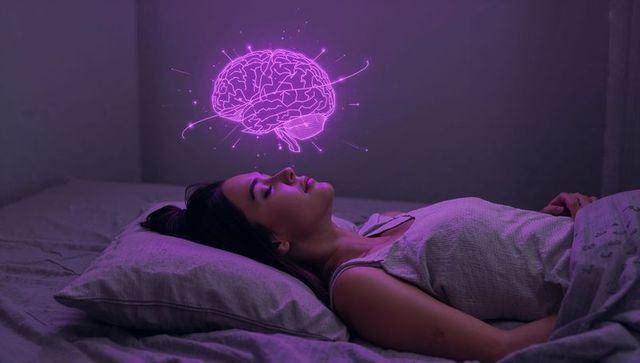 Asian woman lying in bed visualizing neon brain hologram representing lucid dreaming at night
