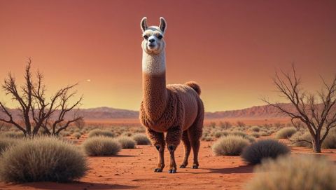 Lone brown llama stands serenely in vast red desert at sunset