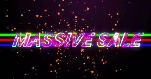 Glowing massive sale neon banner with rgb light bars, retro synthwave glow and gold stars