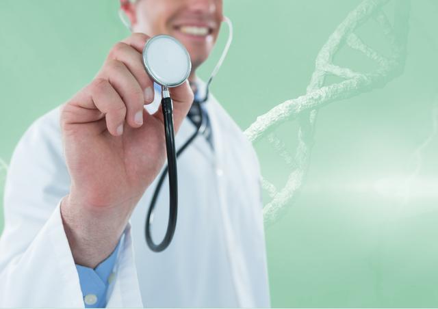 Smiling Doctor Holding Stethoscope with DNA Helix Background - Download Free Stock Photos Pikwizard.com